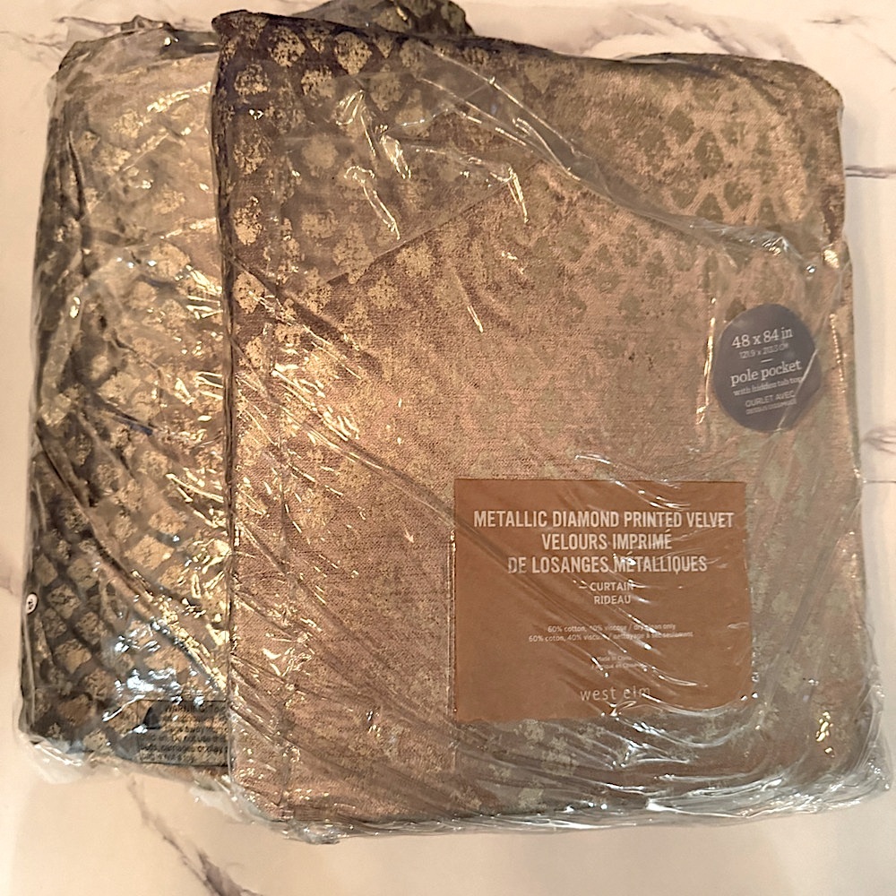 West Elm Velvet Velour Metallic Gold Diamond Black Out Curtains - Picture 10 of 11